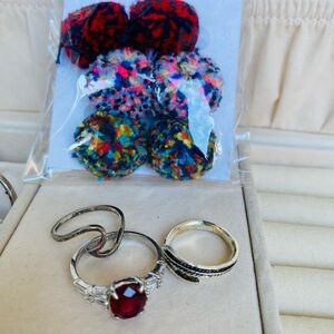 Colorful Pom Pom Earrings and 3 Ring Bundle